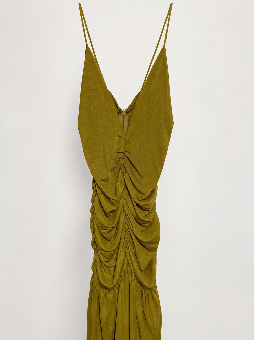 Olive Green Ruched Spaghetti Strap Maxi Dress